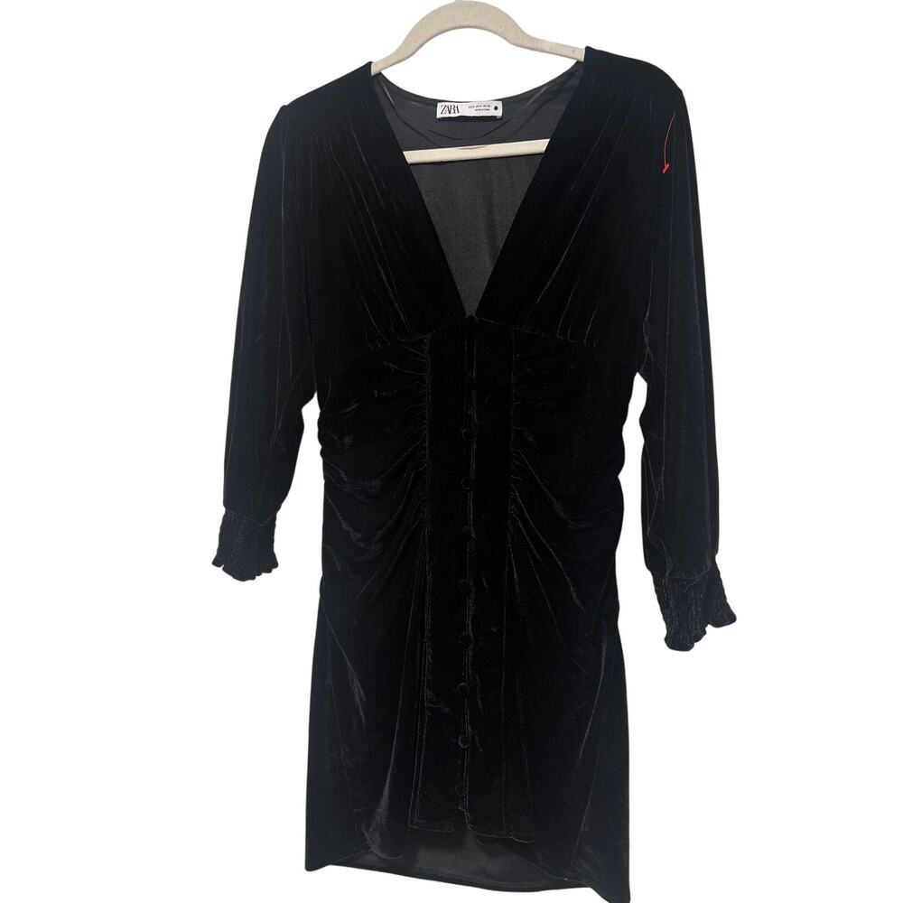 Zara Black Velvet Long Sleeve Dress Size S - Picture 2 of 10